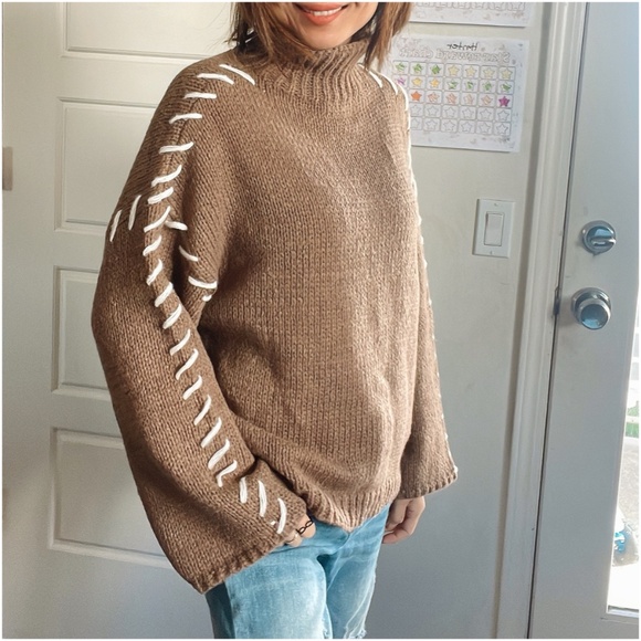 Cozy Mocha Brown Stitched Detail Turtleneck Sweater Top - Picture 8 of 13